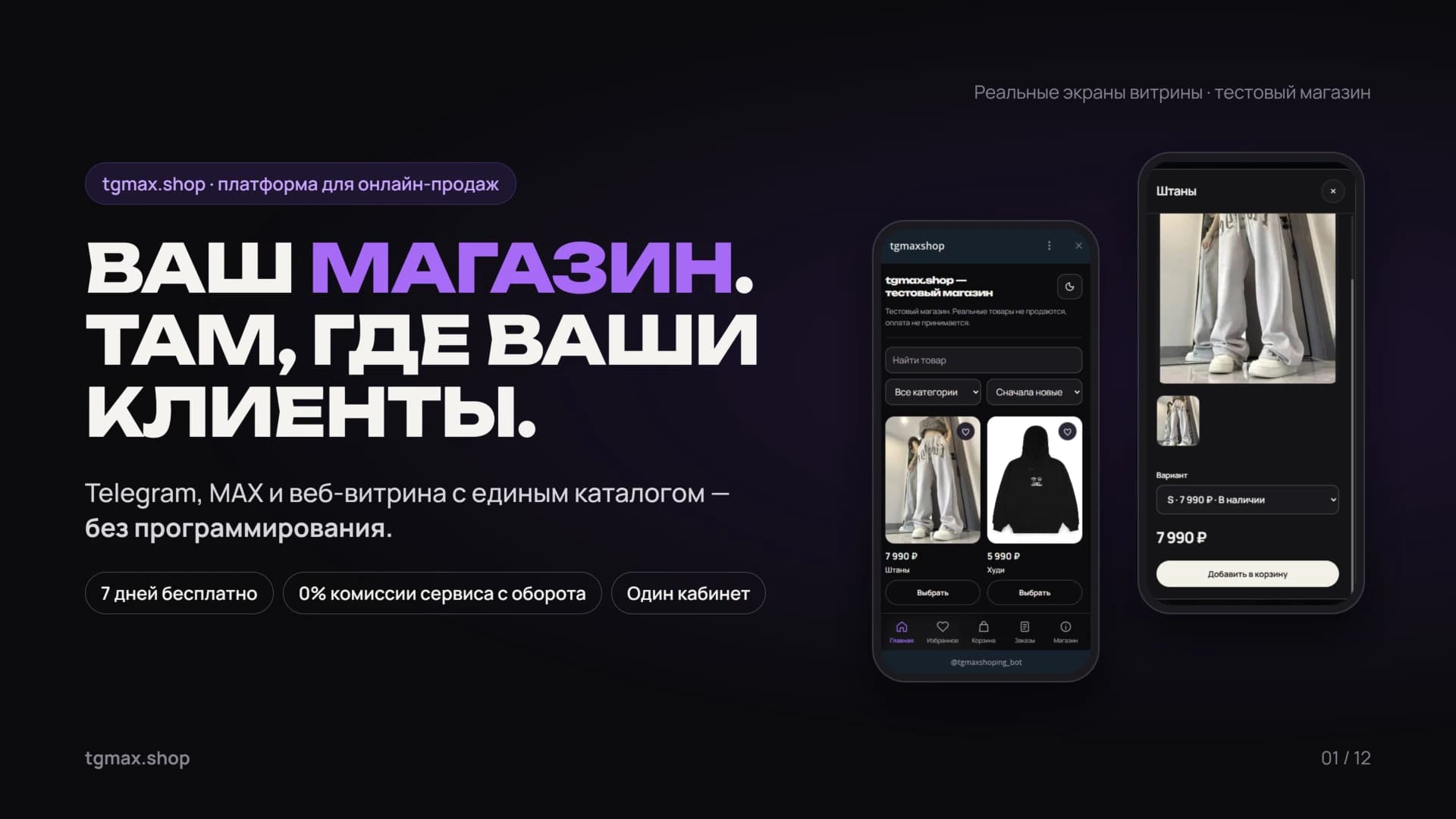 TGMAX.SHOP — магазин в Telegram, MAX и вебе: обложка презентации
